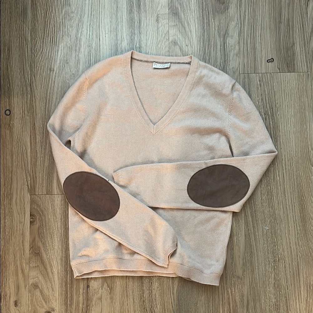 V-Neck Sweater with Elbow Patches - Cream and Brown